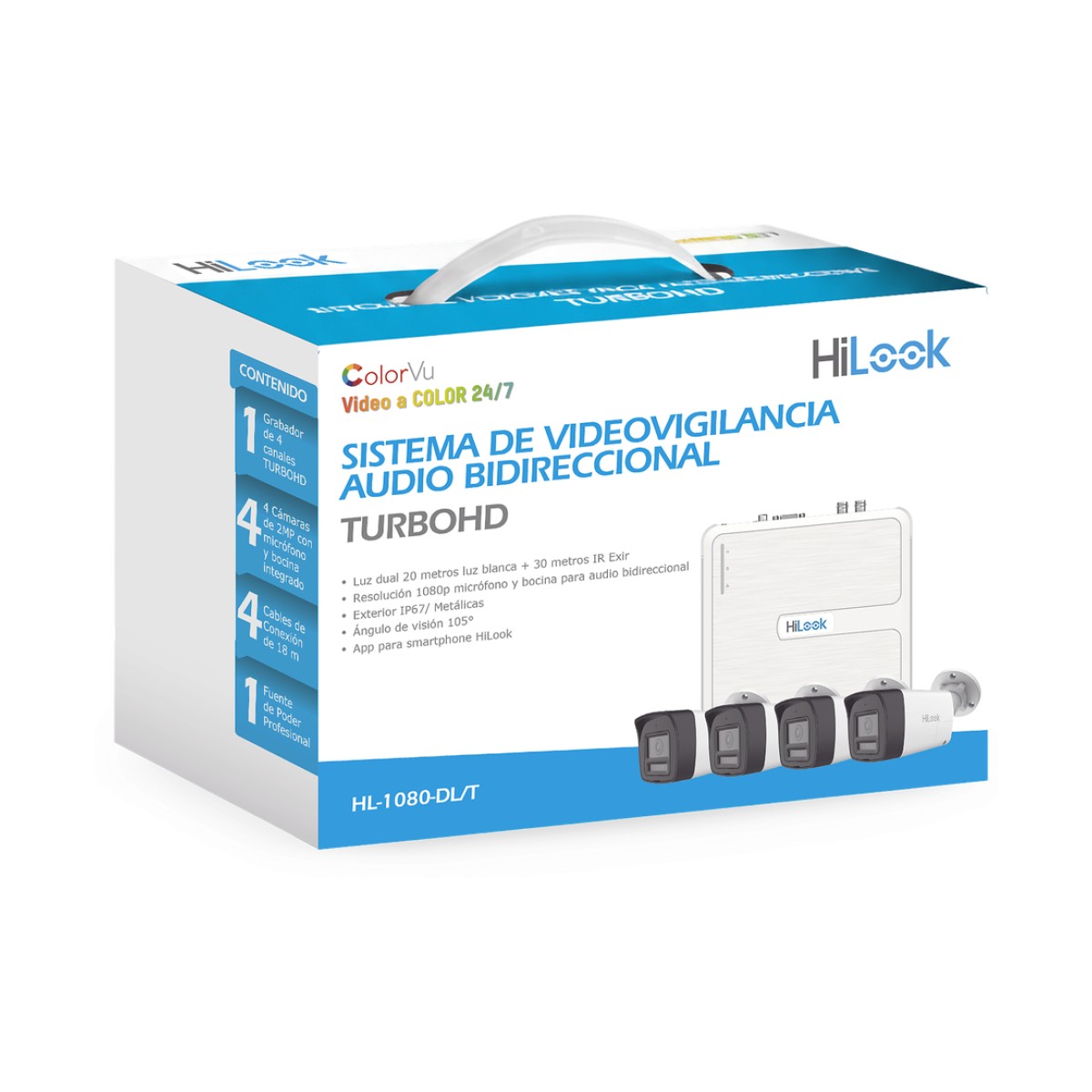 Kit TurboHD 1080p / DVR 4 canales / 4 Cámaras Bala de Policarbonato / Audio Bidireccional / Dual Light (IR + Luz Blanca) / H.265+ / 1 Fuente de Poder Profesional / Accesorios de Instalación