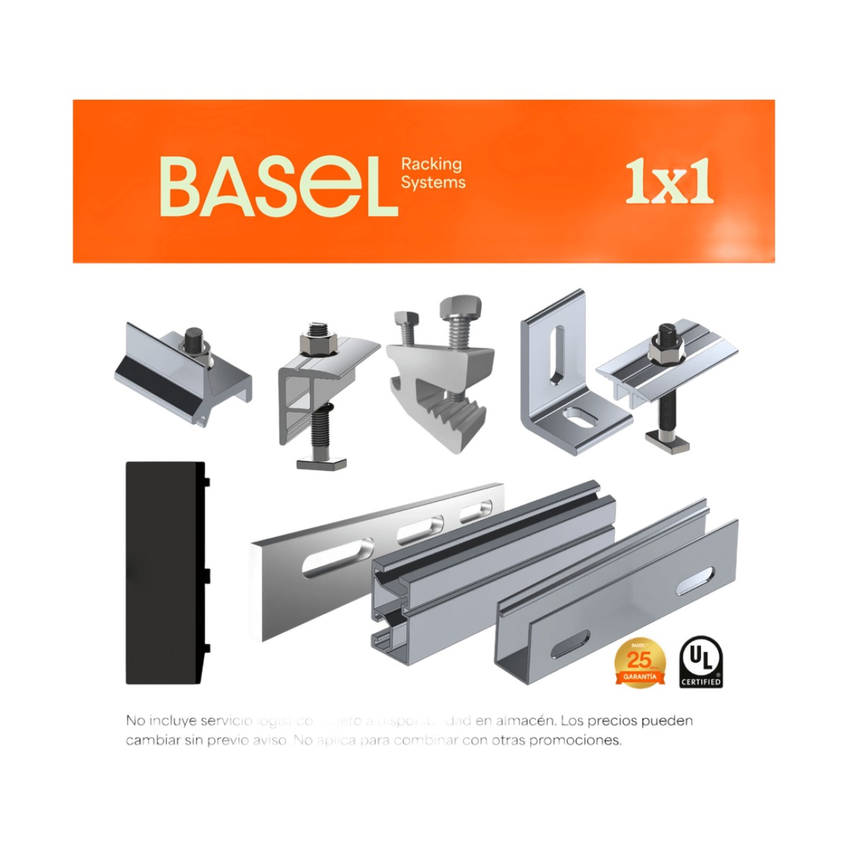 Kit Basel Sistema de Montaje Solar para 1 Módulo / Inclinación 10° / Para Módulo 645 W / Dimensiones del Módulo 2.382 m (7.8 ft) x 1.134 m (3.7 ft) / Velocidad de Viento 170 km/h /  Losa Plana Una Fila