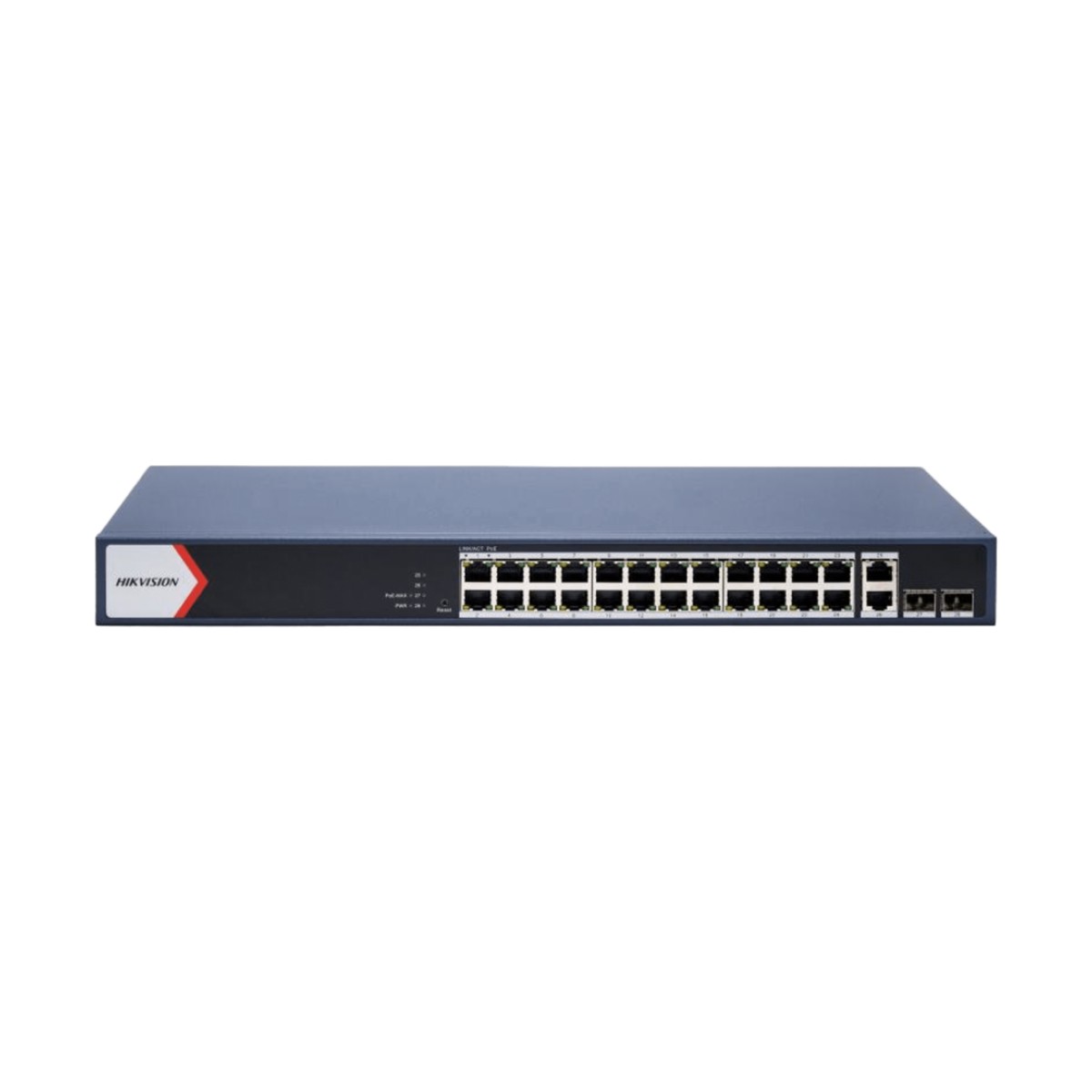 Switch Gigabit PoE+ / Administrable / 24 Puertos 1000 Mbps PoE+ / 2 Puertos 1000 Mbps Uplink / 2 Puertos SFP Uplink / Configuración Nube desde Hik-PartnerPro / Modo Extendido hasta 300 Metros / 370 W