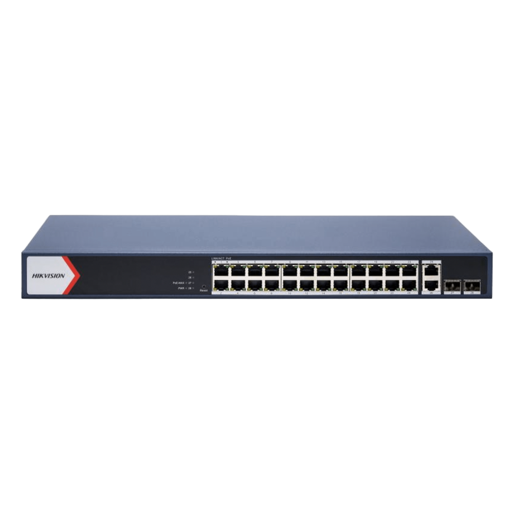 Switch Gigabit PoE+ / Administrable / 24 Puertos 1000 Mbps PoE+ / 2 Puertos 1000 Mbps Uplink / 2 Puertos SFP Uplink / Configuración Nube desde Hik-PartnerPro / Modo Extendido hasta 300 Metros / 370 W