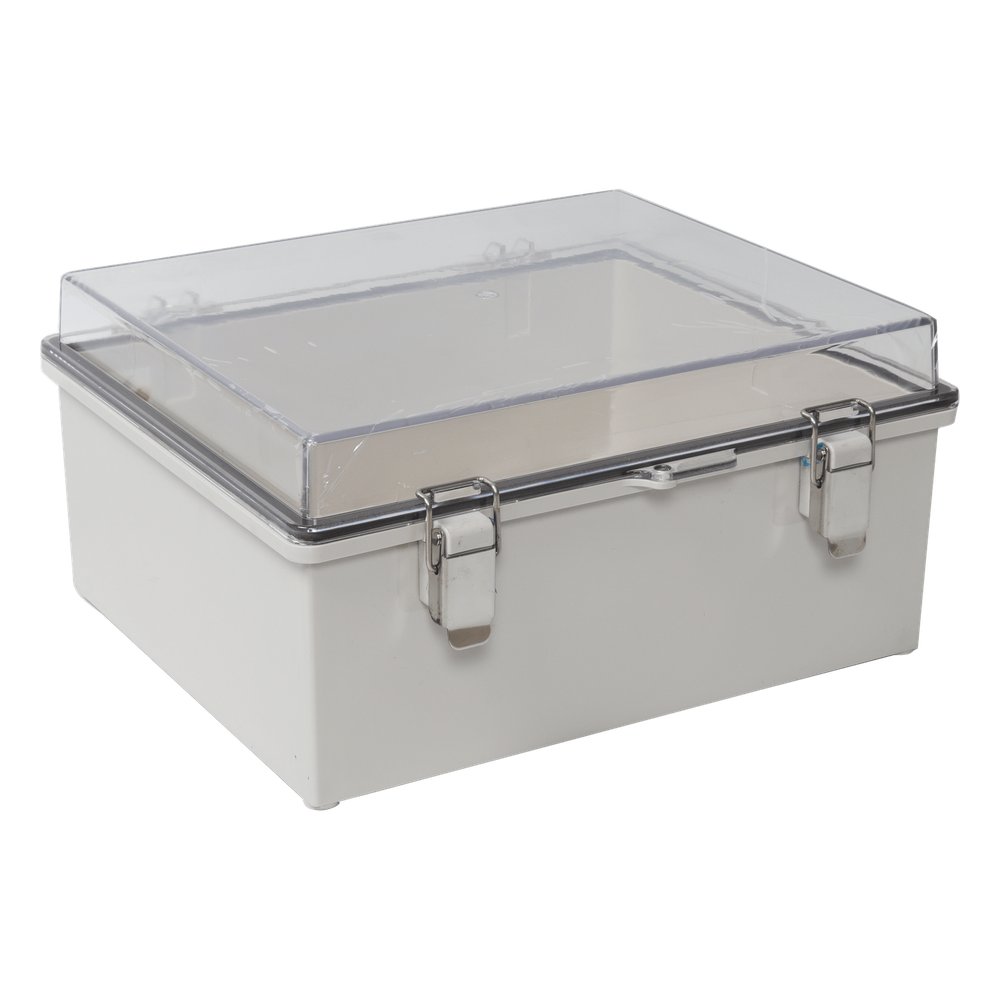 Gabinete Plástico ABS, Puerta Transparente, Uso en Intemperie (300 x 300 x 180 mm) Cierre por Broches Inoxidables y Permite Cerrado con Candado y Llave (Perno 5mm) No Incluido