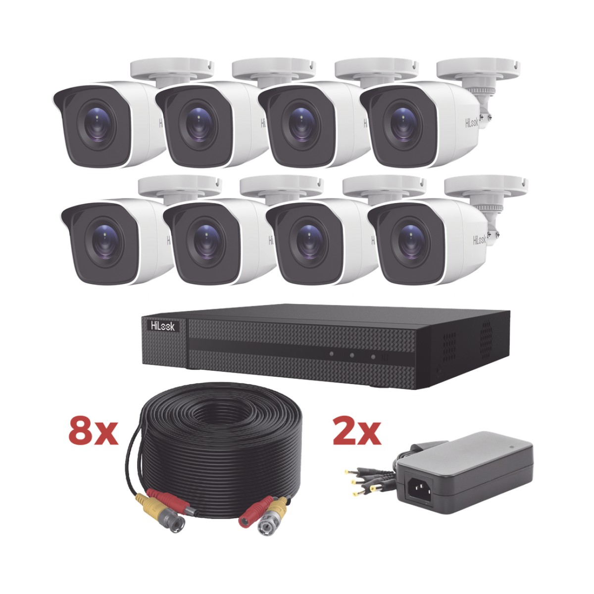 Kit TurboHD / DVR 8 Canales 1080p Lite / 8 Cámaras bala 1080p metalicas / 8 cables de 20 metros / 2 fuentes de 4 canales