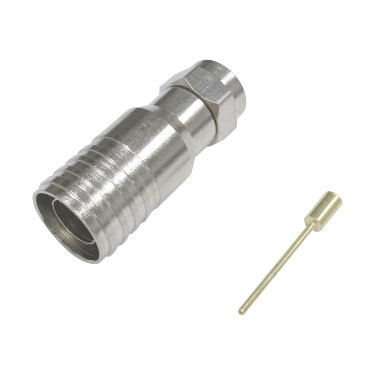 Conector F Macho en 75 Ohm, Plegable para Instalar en Cables Coaxiales RG-11, Cuerpo de Bronce-Niquelado/ Teflón.