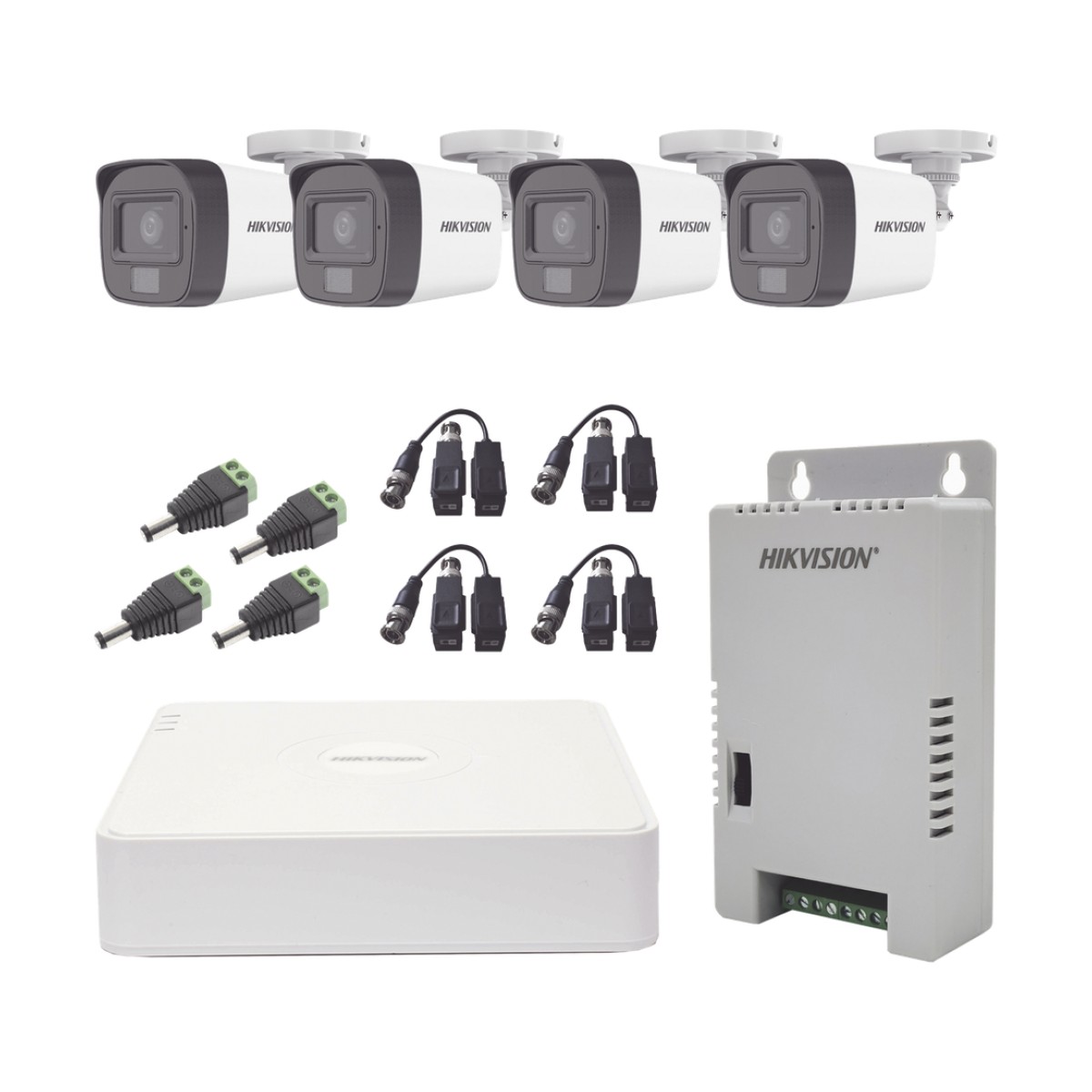 Kit TURBOHD 1080p / DVR 4 Canales / 4 Cámaras con Micrófono Integrado y 101° Visión / Luz Blanca + IR Visión Nocturna / Transceptores / Conectores / Fuente de Poder Profesional Compacta