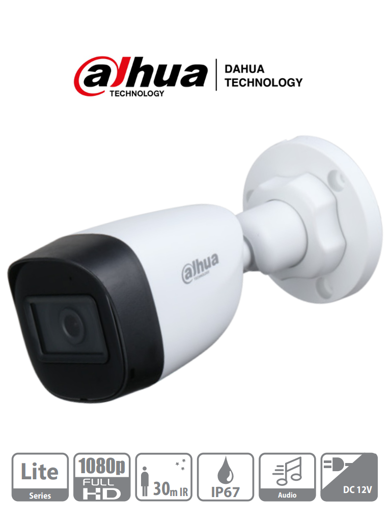 DAHUA HAC-HFW1200CN-A - Cámara Bullet 1080p/ Micrófono Integrado/ Lente de 2.8mm/ 30 Mts de Ir/ IP67/ Policarbonato/ CVI/CVBS/AHD/TVI/ BLC/HLC/DWDR #MayorDH