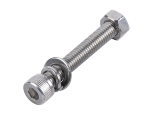 1 Tornillo Allen Milimétrico de Acero Inoxidable  M8-1.25 x 16 / Con 1 Tuerca, 1 Arandela de Presión y 1 Plana / Para Montajes de Módulos Foto Voltaicos.