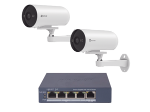 Kit de cámaras PoE Para Uso en Exterior / PoE Estandar Af / 2 piezas CS-H5/3MP/ 1 Pieza de Switch DS-3E1505P-EI/M / Vision Nocturna a Color / IP67 / Audio Bidireccional / Luz y Sirena / 4 Puertos 1000 Mbps PoE+ / 1 Puerto 1000 Mbps Uplink