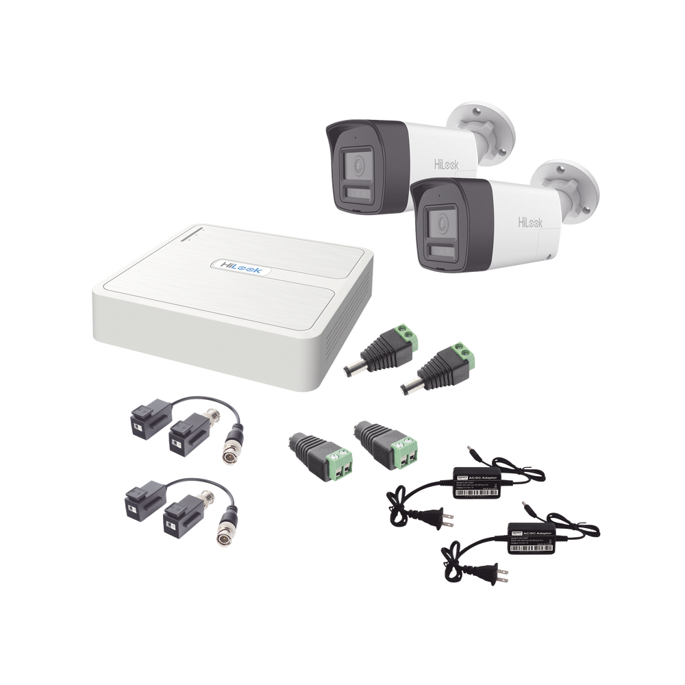 Kit HiLook Audio Bidireccional TurboHD 1080p / DVR 4 Canales / 2 Cámaras Bala (Exterior) con Bocina y Microfóno Integrado / 2 Fuentes de Poder / Accesorios