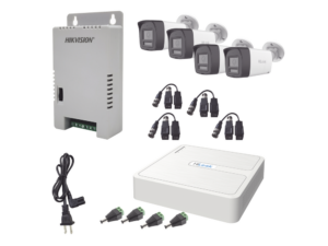 Kit HiLook Audio Bidireccional TurboHD 1080p / DVR 4 Canales / 4 Cámaras Bala (Exterior) con Bocina y Micrófono Integrado / 1 Fuente de Poder / Accesorios