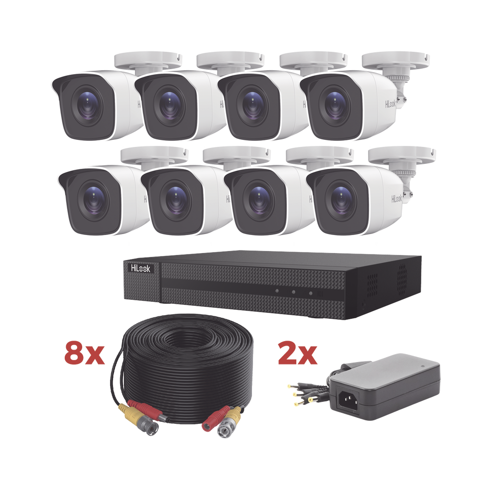 Kit TurboHD / DVR 8 Canales 1080p Lite / 8 Cámaras bala 1080p metalicas / 8 cables de 20 metros / 2 fuentes de 4 canales