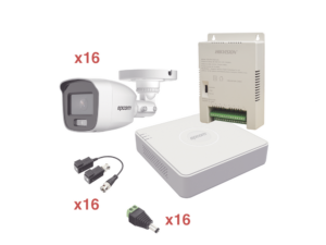 Kit TurboHD 1080p Lite / DVR 16 Canales / 16 Cámaras Bala Exterior ( 2.8mm) con ColorVu + Micrófono Integado / Transceptores / Conectores / Fuente de Poder Profesional