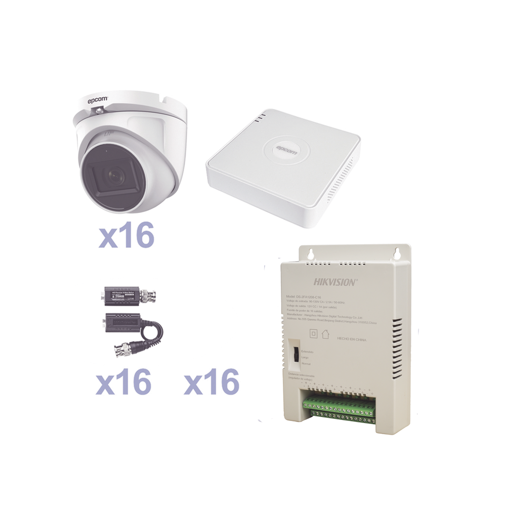 KIT TurboHD 1080p Lite / DVR 16 Canales / 16 Cámaras Eyeball Exterior ( 2.8mm) / Transceptores / Conectores / Fuente de Poder Profesional