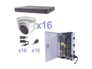 KIT TurboHD 1080p / DVR 16 Canales / 16 Cámaras Eyeball (exterior 2.8 mm) / Transceptores / Conectores / Fuente de Poder Profesional