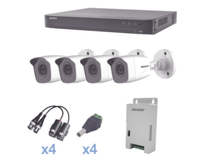 KIT TurboHD 1080p / DVR 4 Canales / 4 Cámaras Bala Metálicas (exterior 2.8 mm) / Transceptores / Conectores / Fuente de Poder Profesional