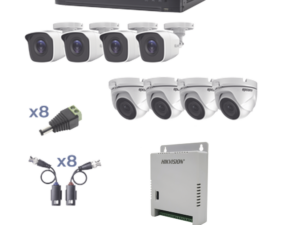KIT TurboHD 1080p / DVR 8 Canales / 4 Cámaras Bala (exterior 2.8 mm) / 4 Cámaras Eyeball (exterior 2.8 mm) / Transceptores / Conectores / Fuente de Poder Profesional hasta 15 Vcc para Largas Distancias