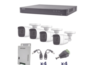 KIT TurboHD 1080p / DVR 4 Canales / 4 Cámaras Bala Policarbonato con Audio Integrado (exterior 2.8 mm) / Transceptores / Conectores / Fuente de Poder Profesional