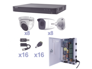 KIT TurboHD 1080p / DVR 16 Canales / 8 Cámaras Bala (exterior 2.8 mm) / 8 Cámaras Eyeball (exterior 2.8 mm) / Transceptores / Conectores / Fuente de Poder Profesional