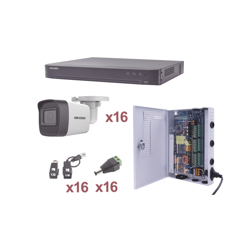 KIT TurboHD 1080p / DVR 16 Canales / 16 Cámaras Bala (exterior 2.8 mm) / Transceptores / Conectores / Fuente de Poder Profesional