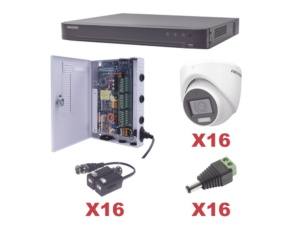 KIT TurboHD 1080p / DVR 16 Canales / 16 Cámaras Turret con Audio Integrado (Exterior 2.8 mm) / Transceptores / Conectores / Fuente de Poder Profesional