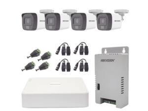 Kit TURBOHD 1080p / DVR 4 Canales / 4 Cámaras con Micrófono Integrado y 101° Visión / Luz Blanca + IR Visión Nocturna / Transceptores / Conectores / Fuente de Poder Profesional Compacta