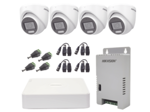 KIT TurboHD 1080p / DVR 4 Canales con audio por coaxitron / 4 Cámaras con Micrófono y  106° Visión/  luz blanca + IR visión nocturna  / Transceptores / Conectores / Fuente de Poder Profesional