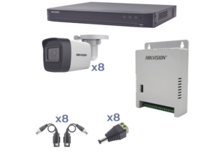 KIT TurboHD 1080p / DVR 8 Canales / 8 Cámaras Bala (exterior 2.8 mm) / Transceptores / Conectores / Fuente de Poder Profesional hasta 15 Vcc para Larga Distancia