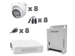 KIT TurboHD 1080p / DVR 8 Canales con audio por coaxitron / 8 Cámaras con Micrófono Integrado 101° Visión/  luz blanca + IR visión nocturna  / Transceptores / Conectores / Fuente de Poder Profesional