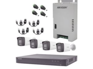 Kit Audio Bidireccional TurboHD 4K-3K / DVR 4 Canales 4K / 4 Cámaras Bala (Exterior) con Bocina y Microfóno Integrado 3K / 1 Fuentes de Poder / Accesorios