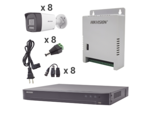 Kit Audio Bidireccional TurboHD 4K-3K / DVR 8 Canales 4K / 8 Cámaras Bala (Exterior) con Bocina y Microfóno Integrado 3K / 1 Fuentes de Poder / Accesorios