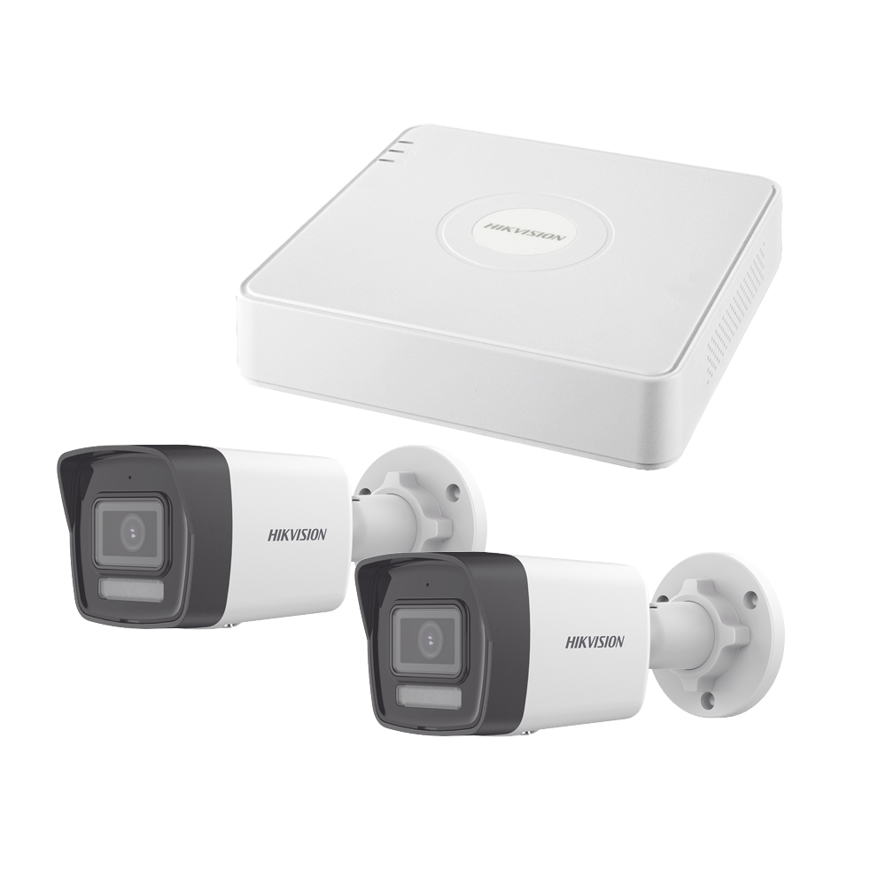 Kit IP 1080p (2 Megapixel) / NVR de 4 Canales con 4 Puertos PoE / 2 Cámaras Bala IP con Microfono Integrado / ColorVu Lite y ACUSENSE Lite