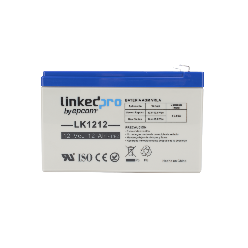 Batería 12 V / 12 Ah / UL / Tecnología AGM / Vida útil promedio de 5 años / Uso en equipo electrónico / Intrusión / Incendio/ Control de acceso / Video Vigilancia / Terminales F1 ( Incluye adaptador F2 )
