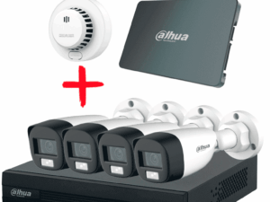 DAHUA PAQ-DH-XVR1B04-I/DH-HAC-HFW1200CLN-DHI-HY-SA13A - Kit Iluminación Dual de 4 Canales con SSD de 512GB/ 4 Camaras IL de 2 Megapixeles con Microfono/ Regalo Detector de Humo Stand Alone DHI-HY-SA13A