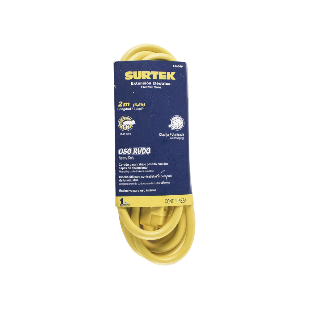Extensión Eléctrica de Uso Rudo 2 metros / 127 V CA 10 A Máximo / Color Amarillo.