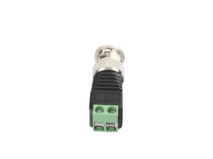 Adaptador de conector BNC macho a 2 terminales-tornillo para cables AWG-26-14, en aplicaciones Video Vigilancia, Níquel/ Oro/  PTFE y PVC.