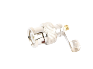 Conector BNC macho en 75 Ohm, para cable coaxial RG-59 / Con base de alivio negra de PVC, Níquel/ Oro/ PTFE.