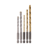 Juego de 5 Brocas con Inserción Hexagonal de 1/4″. De concreto: 3/16″ y 1/4″. Para metal: 1/8″, 3/16″ y 1/4″.