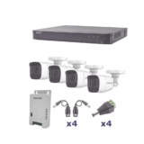 KIT TurboHD 1080p / DVR 4 Canales / 4 Cámaras Bala Policarbonato con Audio Integrado (exterior 2.8 mm) / Transceptores / Conectores / Fuente de Poder Profesional