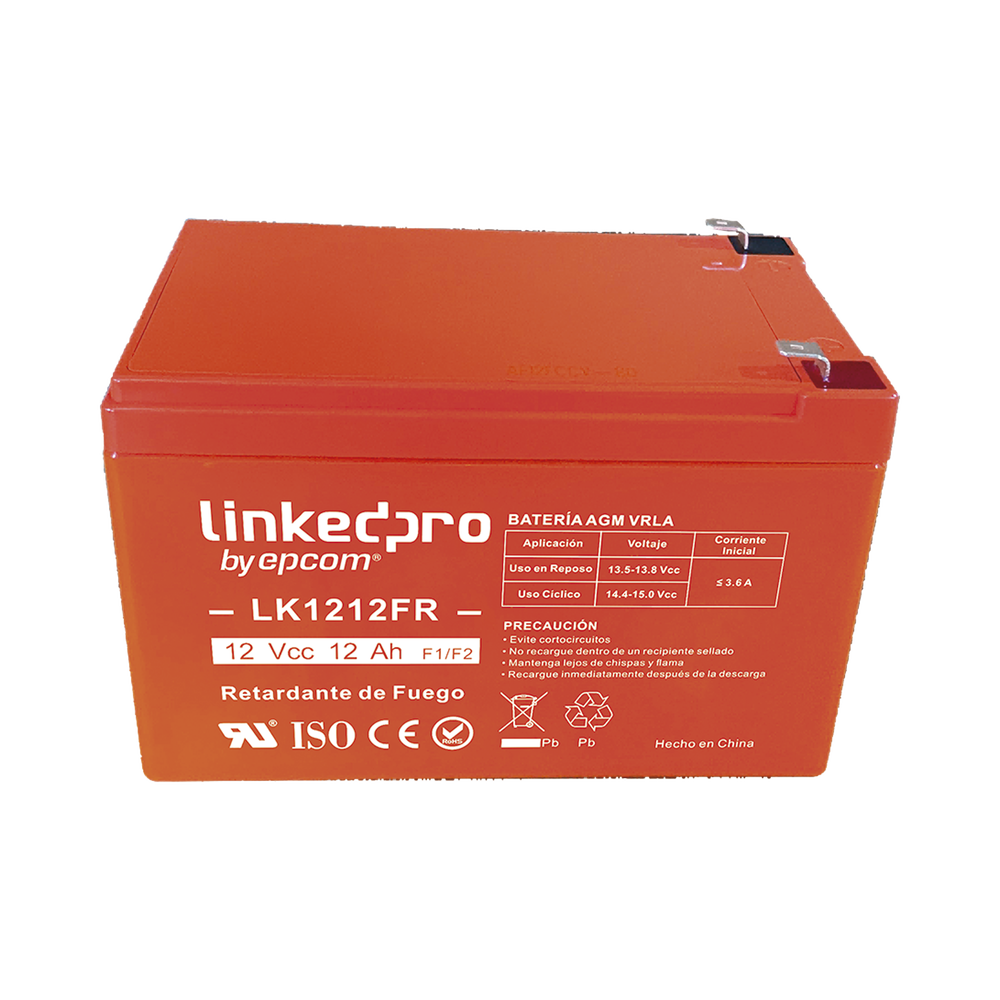 Batería 12 V / 12 Ah / UL / Tecnología AGM / Vida útil promedio de 5 años / Retardante a la Flama / Uso en equipo electrónico, Alarmas de Intrusión / Incendio / Control de acceso / Video Vigilancia / Terminales F1