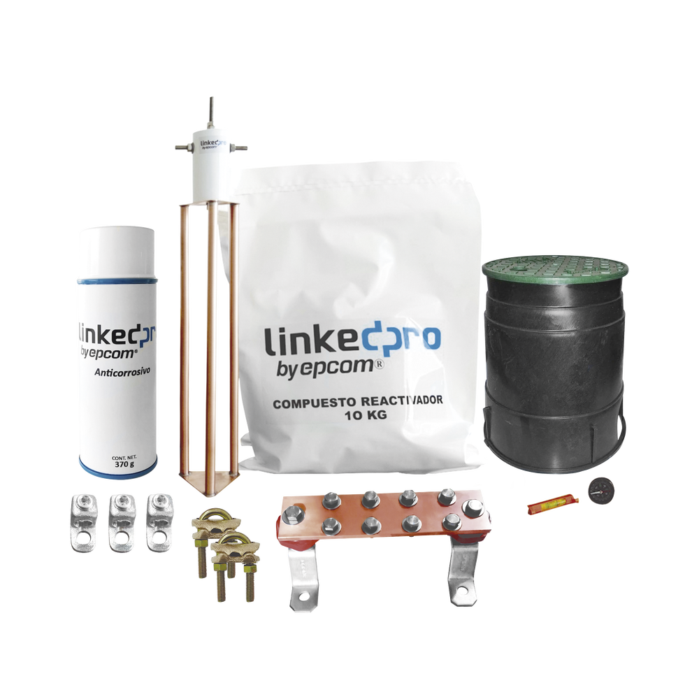 Kit Puesta a Tierra 30A / Electrodo Cobre Electrolítico / Diseño Delta / Filtro Equipotencial / Compuesto 12 kg / Barra Unión + Conectores + Registro
