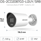 [Dual Light + ColorVu 3.0 + HikAI] Bala IP 8 Megapixel / Lente 2.8 mm / 40 mts IR + Luz Blanca / 2 Microfonos Integrados / Exterior IP67 / Estrobo Azul y Rojo / WDR 130 dB / ACUSENSE 3.0 / Metal / NEMA 4X / ACUSEEK