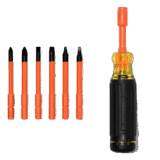 Destornillador Aislado 6-en-1 Auto-Lock / Aislado 1000V CAT III / Almohadilla de agarre / Almacenamiento de brocas integrado / Bits Philips #1 #2 / Slotted 3/16″ 1/4″ / Square #1 #2