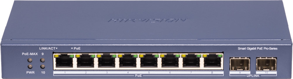 Switch PoE+ / Administrable / 8 Puertos 1000 Mbps PoE+/ 2 Puertos SFP / Configuración Nube desde Hik-PartnerPro / Modo Extendido hasta 300 Metros / 110 W