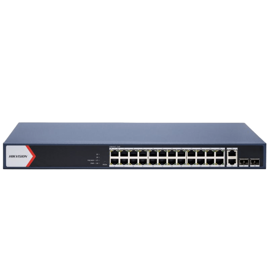 Switch Gigabit PoE+ / Administrable / 24 Puertos 1000 Mbps PoE+ / 2 Puertos 1000 Mbps Uplink / 2 Puertos SFP Uplink / Configuración Nube desde Hik-PartnerPro / Modo Extendido hasta 300 Metros / 370 W
