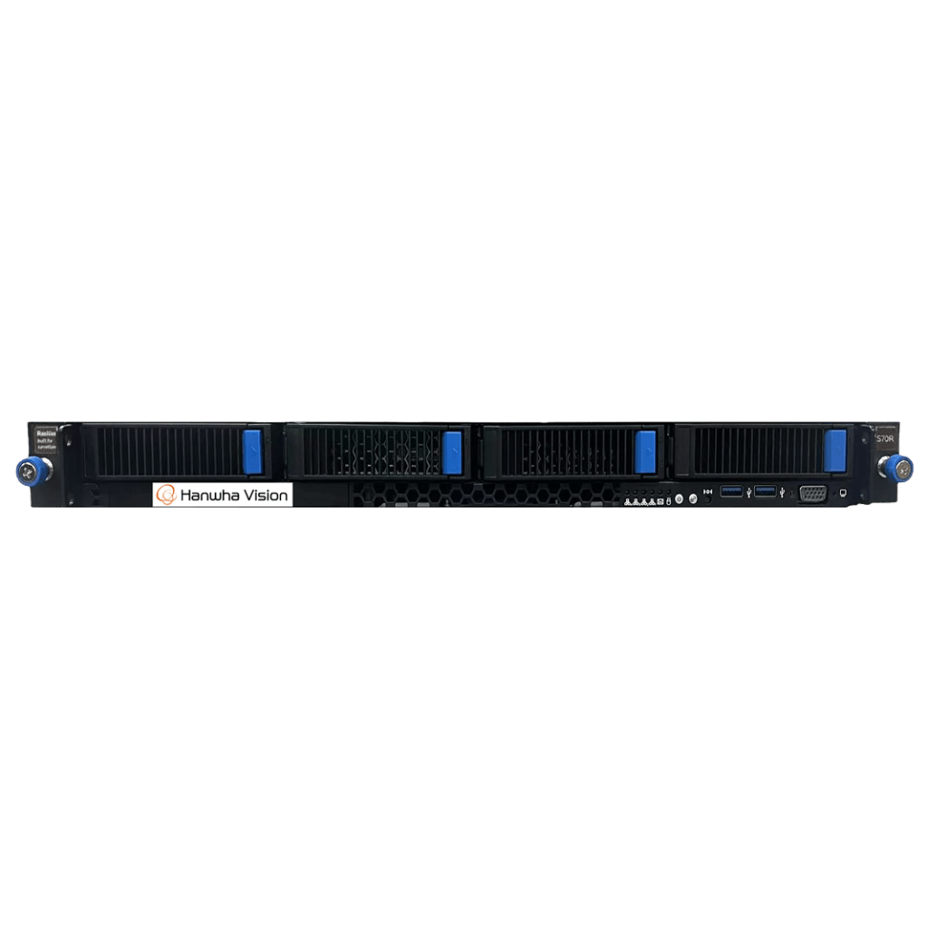 Servidor de Grabación / 1U / 4 Licencias Wisenet WAVE / 470 Mbps / Incluye 48TB / Intel Xeon 6333P / 16GB RAM / Dual SSD 480GB / 4x HDD 3.5" / RAID 0/1/5/6 / Windows IoT / HDMI-VGA / 2x GbE / IPMI / Fuente Redundante 450W / Riel Deslizante