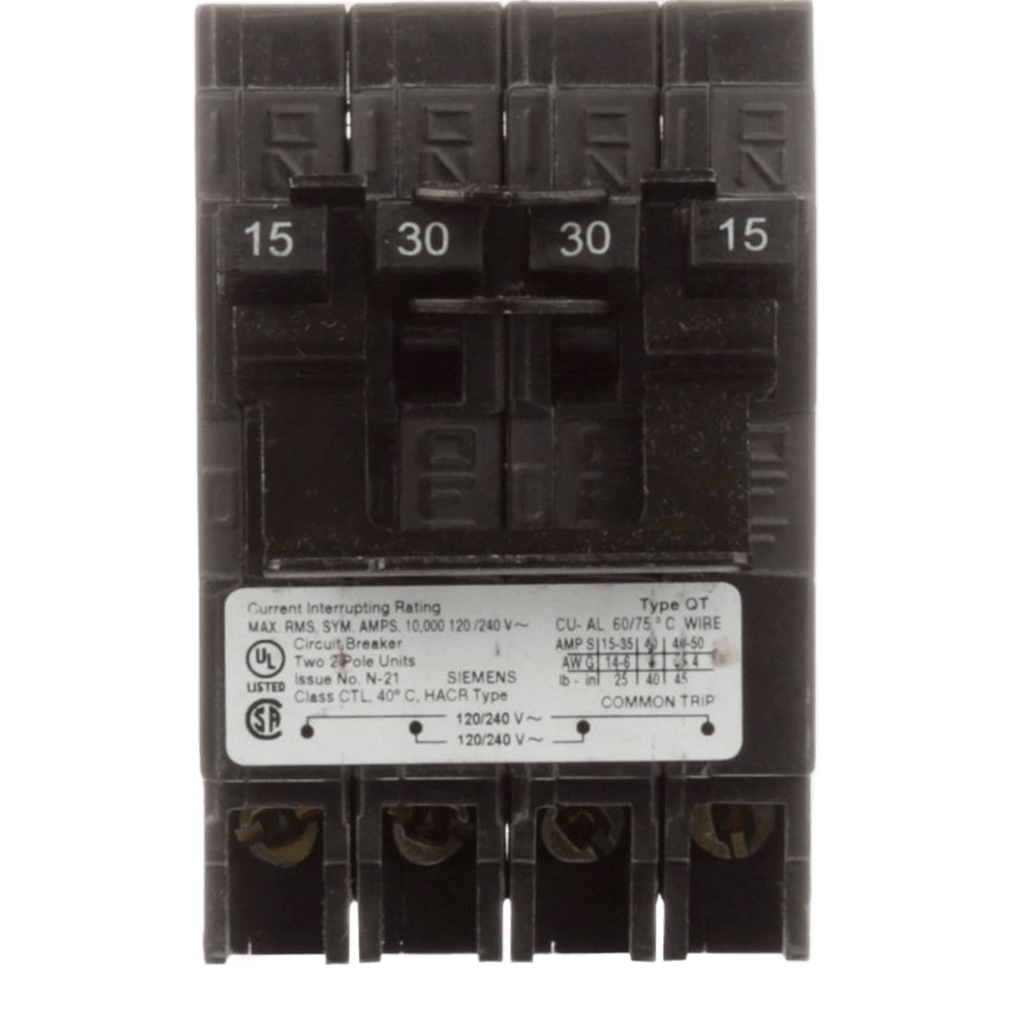 Interruptor automático CUADRUPLEX enchufable tipo QT 2 polos dobles, 15-15 amp