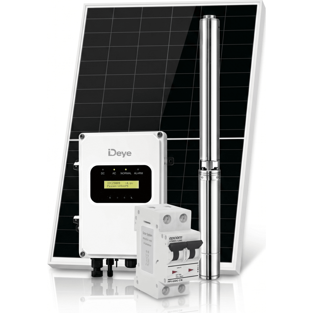 Kit de Bombeo Solar 3000W (4 HP) / Bomba Sumergible con Controlador Híbrido AC/DC 136-264VAC / 108-403VCD / 6 Módulos Solares 540W / Interruptor Termomagnético 2P 20A 800V CC / Protector de Descargas Atmosféricas / Gabinete IP66