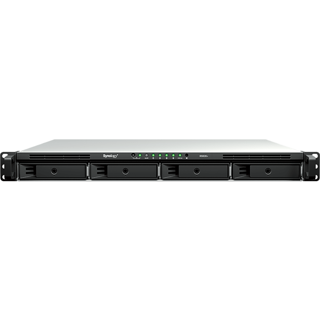 NAS Rackmount 4 Bahías / 1U 44 mm (1.73 in) / AMD Ryzen V1500B 4 Núcleos 2.2 GHz / 4GB DDR4 ECC SODIMM / 4x 1GbE RJ45 / PCIe 3.0 x8 / Escalable a 8 Bahías con RX426 / DSM / Storage Tiering