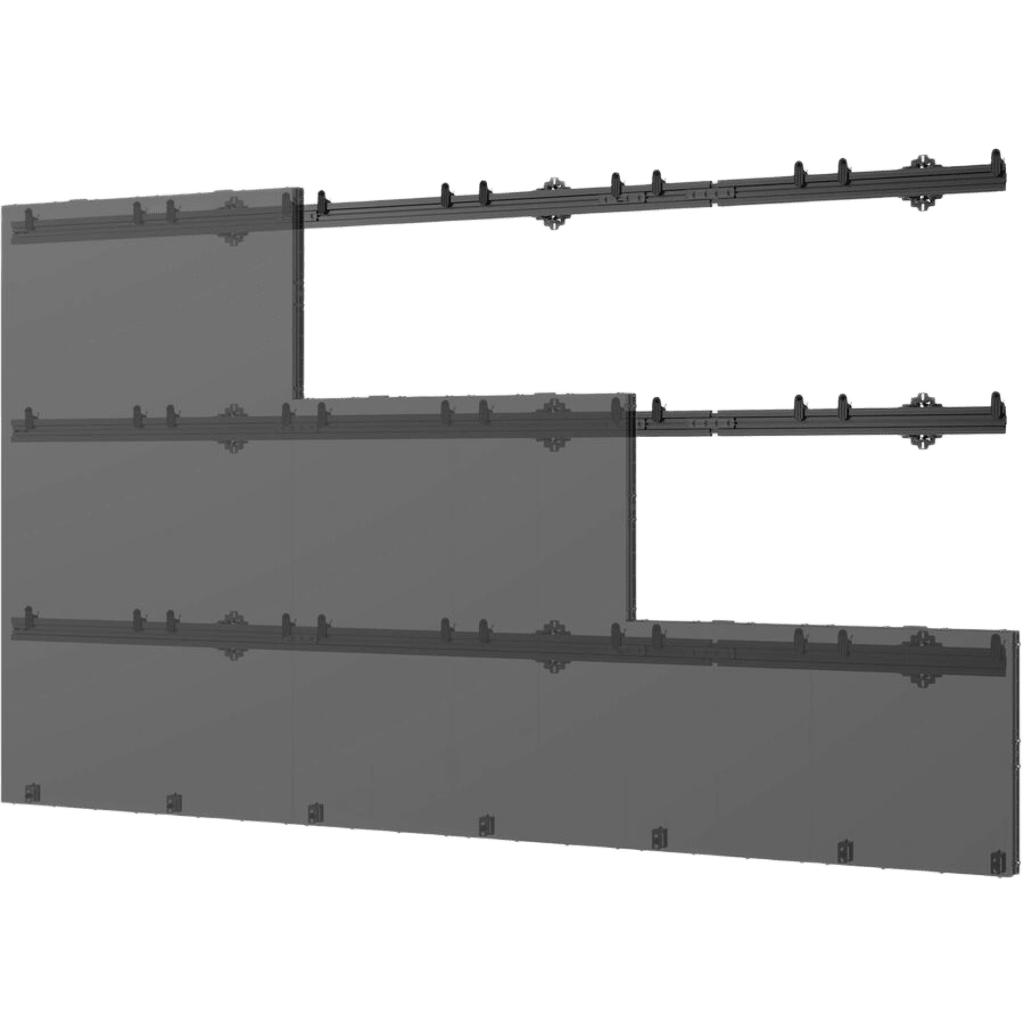 Soporte de Montaje para Pantallas dvLED / Ajustable Z 1.6 in (40 mm) / Ancho 144.09 in (3660 mm) / Compatible con Pantallas hasta 610 mm de Ancho / Sistema de Enganche Latching / Ajuste de Altura 0.5 in (13 mm) / Micro-ajuste 0.2 in (6 mm) / Carga hasta 6